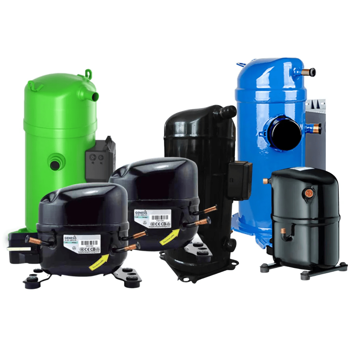 Compresores nuevos azules, negros y verdes para refrigeración y chillers