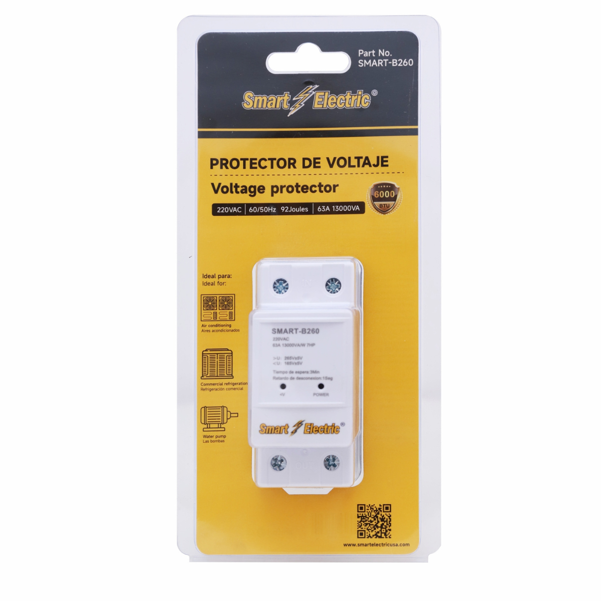 Protector de Voltaje en Riel DIN 220V – 13000VA/63A | Rango 165–265VAC | Retraso 3 Min