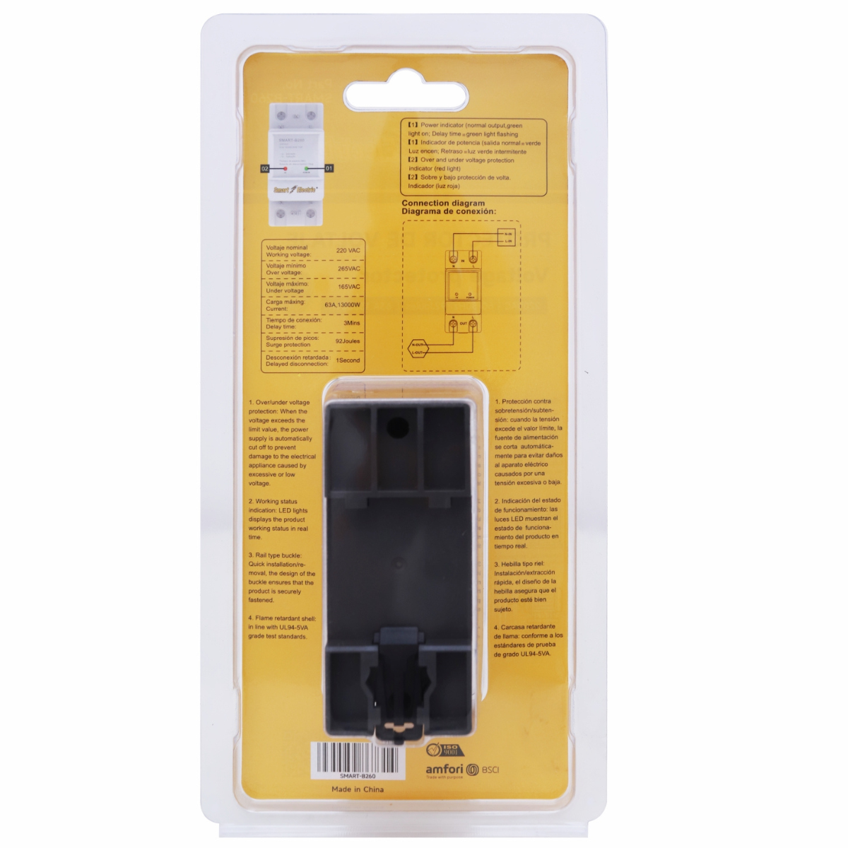 Protector de Voltaje en Riel DIN 220V – 13000VA/63A | Rango 165–265VAC | Retraso 3 Min