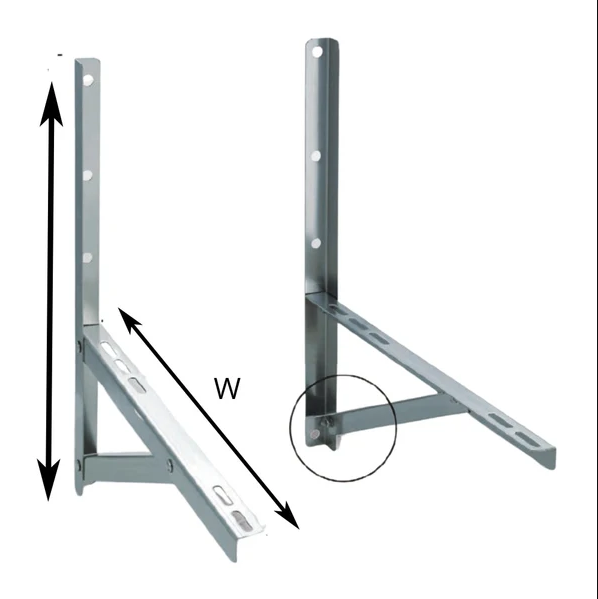 Soporte plegable de pared SSB21 para condensadora de aire acondicionado, fabricado en acero inoxidable 201, con estructura reforzada y dimensiones de montaje.