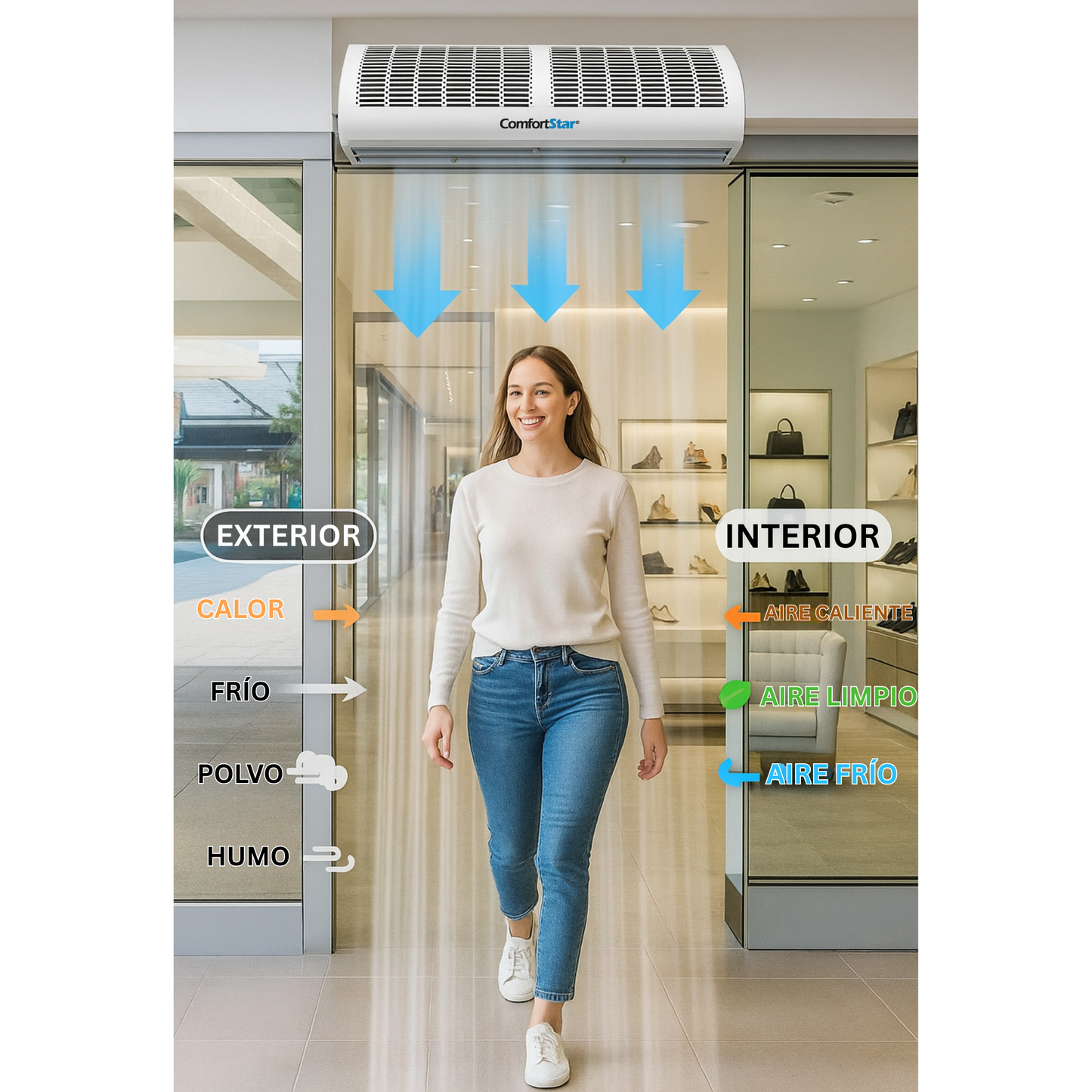 Cortina de Aire de Flujo Cruzado 115V – 210W, 60Hz, 2400 m³/s de Alto Rendimiento