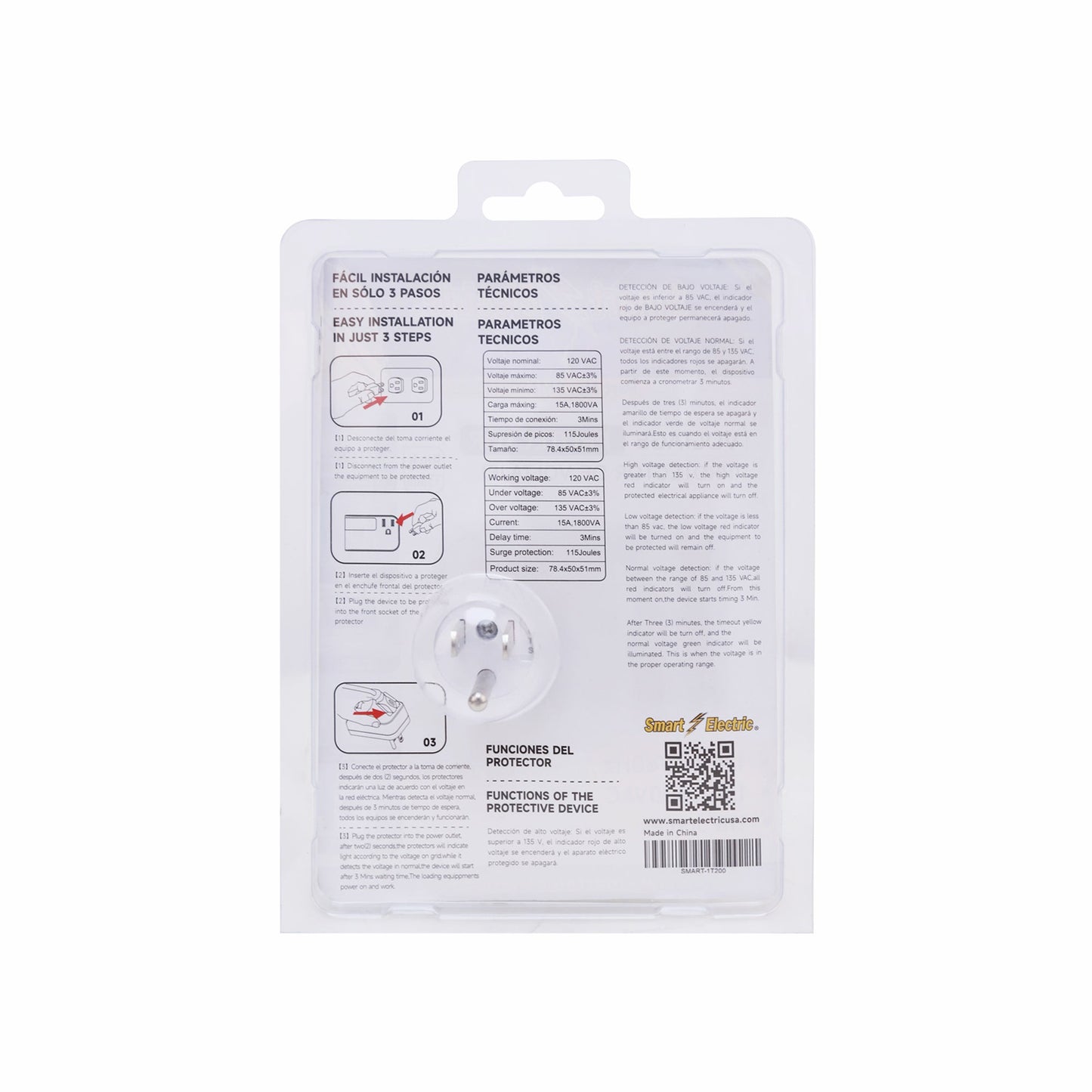 Protector de Voltaje Enchufable 120V – 1800VA/15A | 115 Joules | Rango 85–135VAC | Retraso 3–4 Min