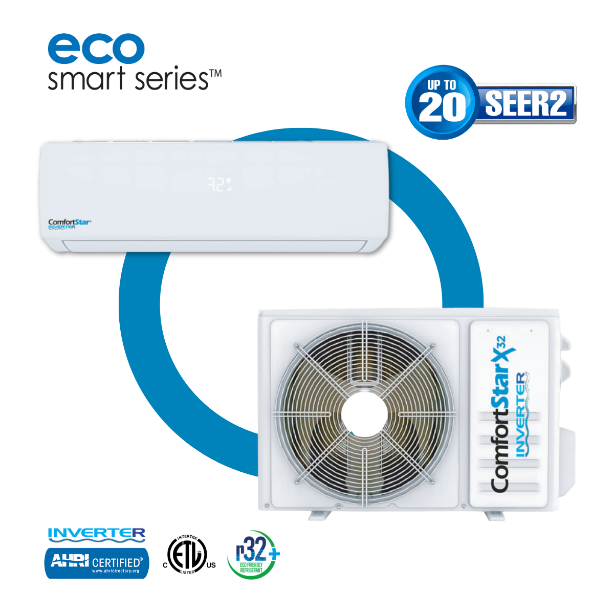 Mini split ComfortStar Single Zone de 12,000 BTU y 115V con unidad interior CH20-12CA-32(I) y unidad exterior CH20-12CA-32(O).