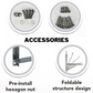 Detalles del soporte SSB21 para condensadora, con tornillos y accesorios de montaje, tuerca hexagonal preinstalada y estructura plegable para facilitar la instalación.