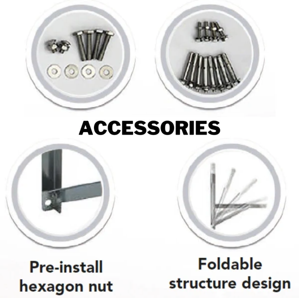 Detalles del soporte SSB21 para condensadora, con tornillos y accesorios de montaje, tuerca hexagonal preinstalada y estructura plegable para facilitar la instalación.
