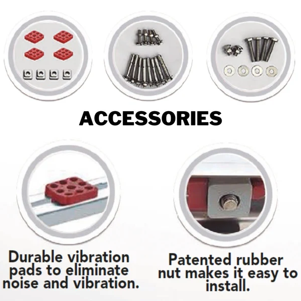 Accesorios del soporte de pared SSB43 para condensadora, con tornillos, almohadillas de goma antivibración y sistema patentado de tuerca de goma.