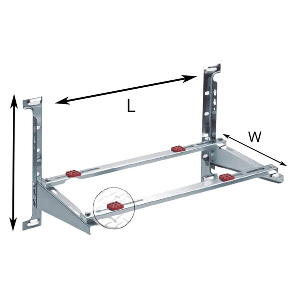 Soporte plegable de pared SSB43 de acero inoxidable 201 para condensadoras de aire acondicionado, con estructura triangular reforzada, barras de montaje y almohadillas antivibración.